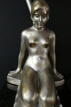 Load image into Gallery viewer, Stunning 1930s ART DECO Metal Table Lamp. Silver-Tone Kneeling Nude. Pink Glass Shade
