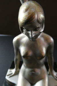 Stunning 1930s ART DECO Metal Table Lamp. Silver-Tone Kneeling Nude. Pink Glass Shade