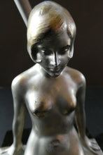 Load image into Gallery viewer, Stunning 1930s ART DECO Metal Table Lamp. Silver-Tone Kneeling Nude. Pink Glass Shade
