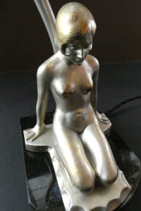 Stunning 1930s ART DECO Metal Table Lamp. Silver-Tone Kneeling Nude. Pink Glass Shade