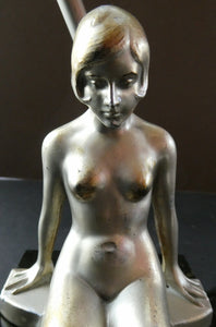 Stunning 1930s ART DECO Metal Table Lamp. Silver-Tone Kneeling Nude. Pink Glass Shade