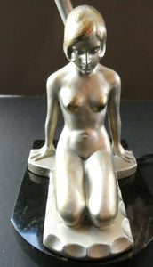 Stunning 1930s ART DECO Metal Table Lamp. Silver-Tone Kneeling Nude. Pink Glass Shade