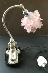 Stunning 1930s ART DECO Metal Table Lamp. Silver-Tone Kneeling Nude. Pink Glass Shade