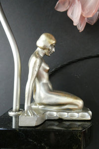 Stunning 1930s ART DECO Metal Table Lamp. Silver-Tone Kneeling Nude. Pink Glass Shade