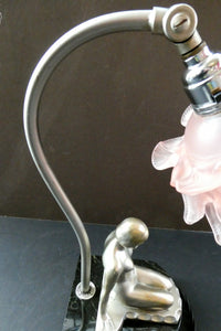 Stunning 1930s ART DECO Metal Table Lamp. Silver-Tone Kneeling Nude. Pink Glass Shade