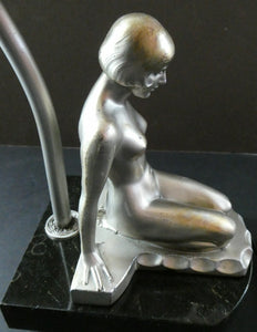 Stunning 1930s ART DECO Metal Table Lamp. Silver-Tone Kneeling Nude. Pink Glass Shade