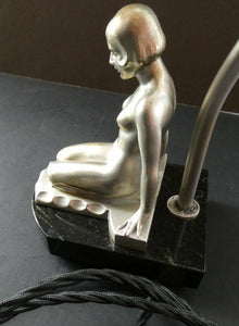 Stunning 1930s ART DECO Metal Table Lamp. Silver-Tone Kneeling Nude. Pink Glass Shade