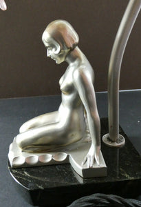 Stunning 1930s ART DECO Metal Table Lamp. Silver-Tone Kneeling Nude. Pink Glass Shade