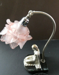 Stunning 1930s ART DECO Metal Table Lamp. Silver-Tone Kneeling Nude. Pink Glass Shade