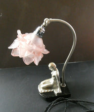 Load image into Gallery viewer, Stunning 1930s ART DECO Metal Table Lamp. Silver-Tone Kneeling Nude. Pink Glass Shade
