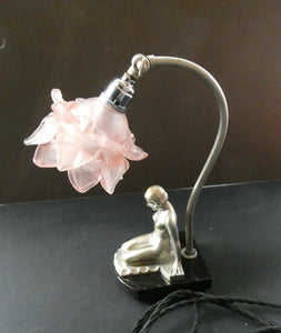 Stunning 1930s ART DECO Metal Table Lamp. Silver-Tone Kneeling Nude. Pink Glass Shade