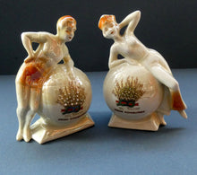 Load image into Gallery viewer, 1920s GERMAN Souvenirs. PAIR of Bathing Belles Lucky White Heather Ware Figurines EDINBURGH Location
