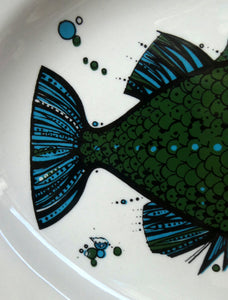 1970's AQUARIUS Oval Plate. WASHINGTON POTTERY. Quirky Green Fish