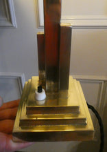 Load image into Gallery viewer, ART DECO Brass Table Lamp with Skyscraper Geometric Stepped Base; With Angular Globe Glass Shade
