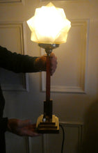 Load image into Gallery viewer, ART DECO Brass Table Lamp with Skyscraper Geometric Stepped Base; With Angular Globe Glass Shade
