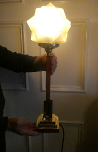 ART DECO Brass Table Lamp with Skyscraper Geometric Stepped Base; With Angular Globe Glass Shade