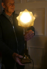 Load image into Gallery viewer, ART DECO Brass Table Lamp with Skyscraper Geometric Stepped Base; With Angular Globe Glass Shade
