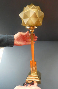 ART DECO Brass Table Lamp with Skyscraper Geometric Stepped Base; With Angular Globe Glass Shade