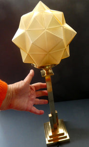 ART DECO Brass Table Lamp with Skyscraper Geometric Stepped Base; With Angular Globe Glass Shade
