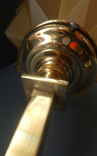 Load image into Gallery viewer, ART DECO Brass Table Lamp with Skyscraper Geometric Stepped Base; With Angular Globe Glass Shade
