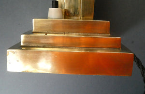 ART DECO Brass Table Lamp with Skyscraper Geometric Stepped Base; With Angular Globe Glass Shade