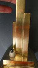 Load image into Gallery viewer, ART DECO Brass Table Lamp with Skyscraper Geometric Stepped Base; With Angular Globe Glass Shade

