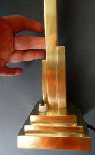 Load image into Gallery viewer, ART DECO Brass Table Lamp with Skyscraper Geometric Stepped Base; With Angular Globe Glass Shade
