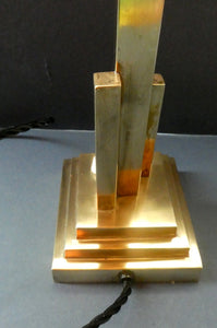 ART DECO Brass Table Lamp with Skyscraper Geometric Stepped Base; With Angular Globe Glass Shade