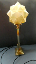 Load image into Gallery viewer, ART DECO Brass Table Lamp with Skyscraper Geometric Stepped Base; With Angular Globe Glass Shade
