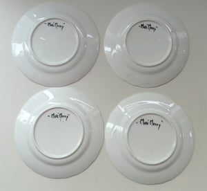 SET OF FOUR 1920s Mak Merry Hand-Painted Dessert Plates. Blue Background with Prunus Flowers. 7 inches
