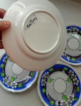 Load image into Gallery viewer, SET OF FOUR 1920s Mak Merry Hand-Painted Dessert Plates. Blue Background with Prunus Flowers. 7 inches
