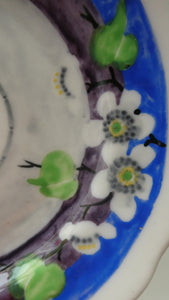 SET OF FOUR 1920s Mak Merry Hand-Painted Dessert Plates. Blue Background with Prunus Flowers. 7 inches
