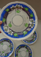 Load image into Gallery viewer, SET OF FOUR 1920s Mak Merry Hand-Painted Dessert Plates. Blue Background with Prunus Flowers. 7 inches
