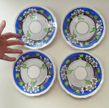 Load image into Gallery viewer, SET OF FOUR 1920s Mak Merry Hand-Painted Dessert Plates. Blue Background with Prunus Flowers. 7 inches

