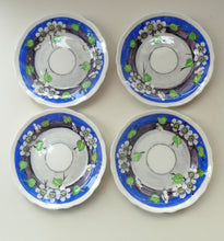 Load image into Gallery viewer, SET OF FOUR 1920s Mak Merry Hand-Painted Dessert Plates. Blue Background with Prunus Flowers. 7 inches
