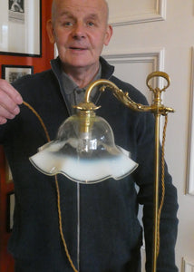 Edwardian Rise and Fall Table Lamp. Decorative Brass Lamp with Old Vaseline Glass Shade. Fully Rewired