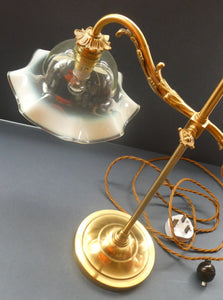 Edwardian Rise and Fall Table Lamp. Decorative Brass Lamp with Old Vaseline Glass Shade. Fully Rewired