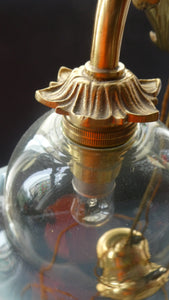 Edwardian Rise and Fall Table Lamp. Decorative Brass Lamp with Old Vaseline Glass Shade. Fully Rewired