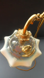 Edwardian Rise and Fall Table Lamp. Decorative Brass Lamp with Old Vaseline Glass Shade. Fully Rewired