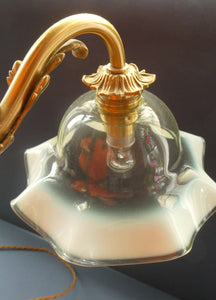 Edwardian Rise and Fall Table Lamp. Decorative Brass Lamp with Old Vaseline Glass Shade. Fully Rewired