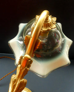 Edwardian Rise and Fall Table Lamp. Decorative Brass Lamp with Old Vaseline Glass Shade. Fully Rewired