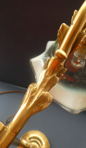 Edwardian Rise and Fall Table Lamp. Decorative Brass Lamp with Old Vaseline Glass Shade. Fully Rewired