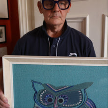 Load image into Gallery viewer, LARGE Kitsch Embroidery Turquoise Tweed Collage Panel Showing a Large Stylized Owl. In original 60s frame

