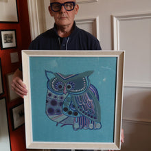 Load image into Gallery viewer, LARGE Kitsch Embroidery Turquoise Tweed Collage Panel Showing a Large Stylized Owl. In original 60s frame
