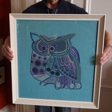 Load image into Gallery viewer, LARGE Kitsch Embroidery Turquoise Tweed Collage Panel Showing a Large Stylized Owl. In original 60s frame
