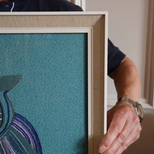 Load image into Gallery viewer, LARGE Kitsch Embroidery Turquoise Tweed Collage Panel Showing a Large Stylized Owl. In original 60s frame
