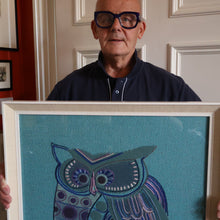 Load image into Gallery viewer, LARGE Kitsch Embroidery Turquoise Tweed Collage Panel Showing a Large Stylized Owl. In original 60s frame
