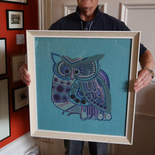 Load image into Gallery viewer, LARGE Kitsch Embroidery Turquoise Tweed Collage Panel Showing a Large Stylized Owl. In original 60s frame

