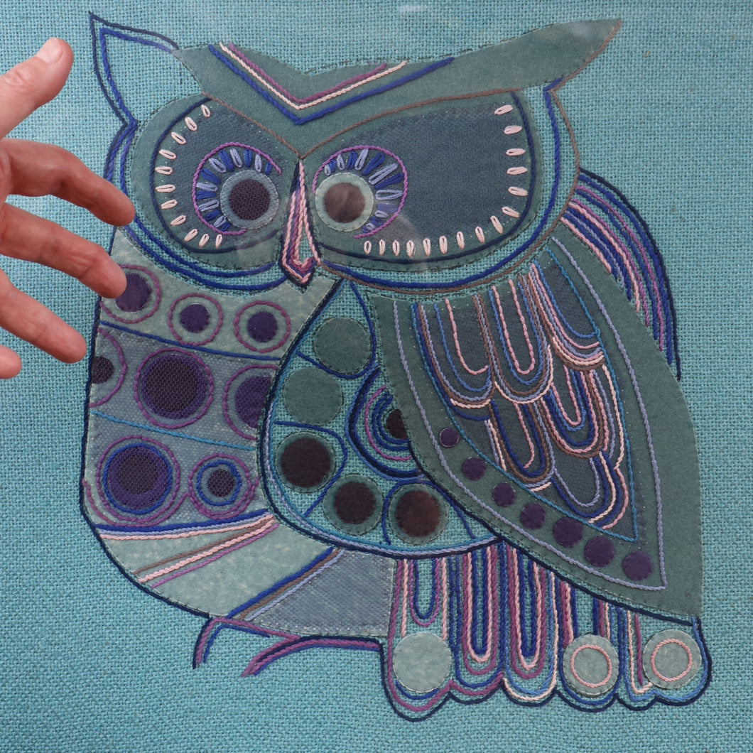 LARGE Kitsch Embroidery Turquoise Tweed Collage Panel Showing a Large Stylized Owl. In original 60s frame