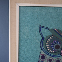 Load image into Gallery viewer, LARGE Kitsch Embroidery Turquoise Tweed Collage Panel Showing a Large Stylized Owl. In original 60s frame
